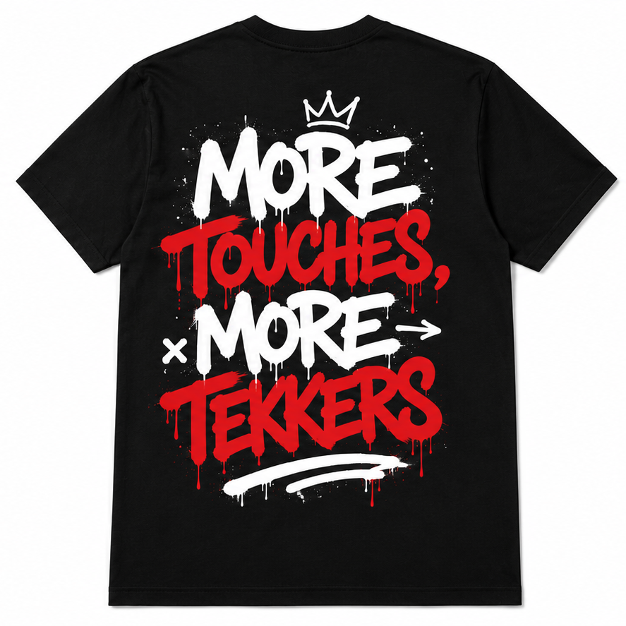 Back of The Streetz Football Signature T-Shirt — black tee with 'More Touches, More Tekkers' graffiti print in red and white