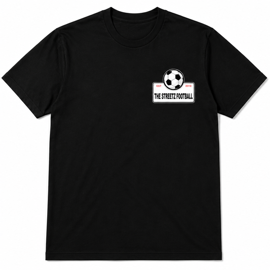 Front of The Streetz Football Signature T-Shirt — black tee with the TSF crest badge on the chest